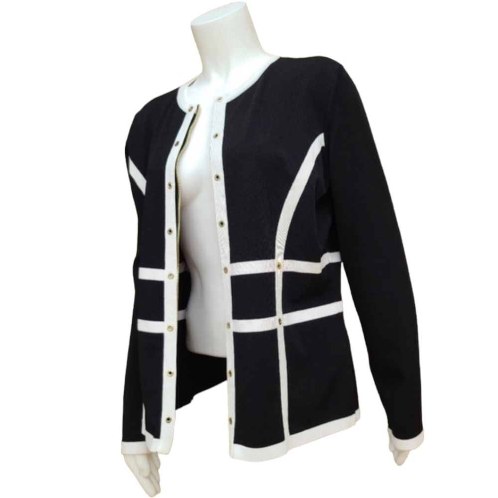 ESCADA Contrast Striped Santana Knit Jacket L Top Sweater Cardigan Travel VTG - Picture 13 of 15